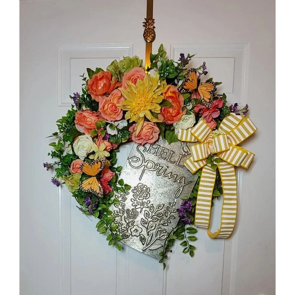 Hello Spring Butterfly Wreath, Spring Florals Grapevine, Floral Farmhouse Wreath